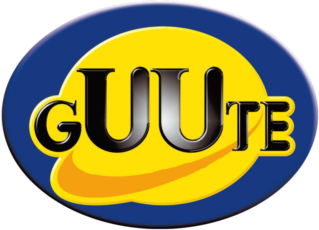 Logo von guute: schwarzer Schriftzug auf gelb-blauem Oval